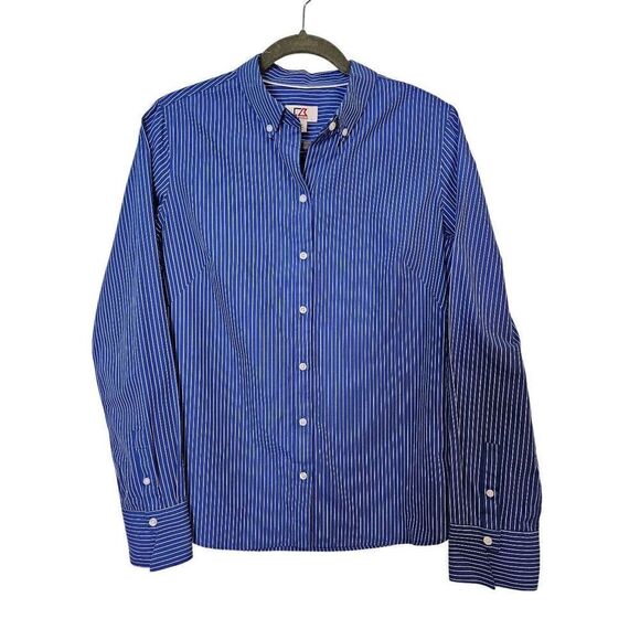 Cutter & Buck royal blue and white pinstriped button down blouse. Size M. - Picture 1 of 5